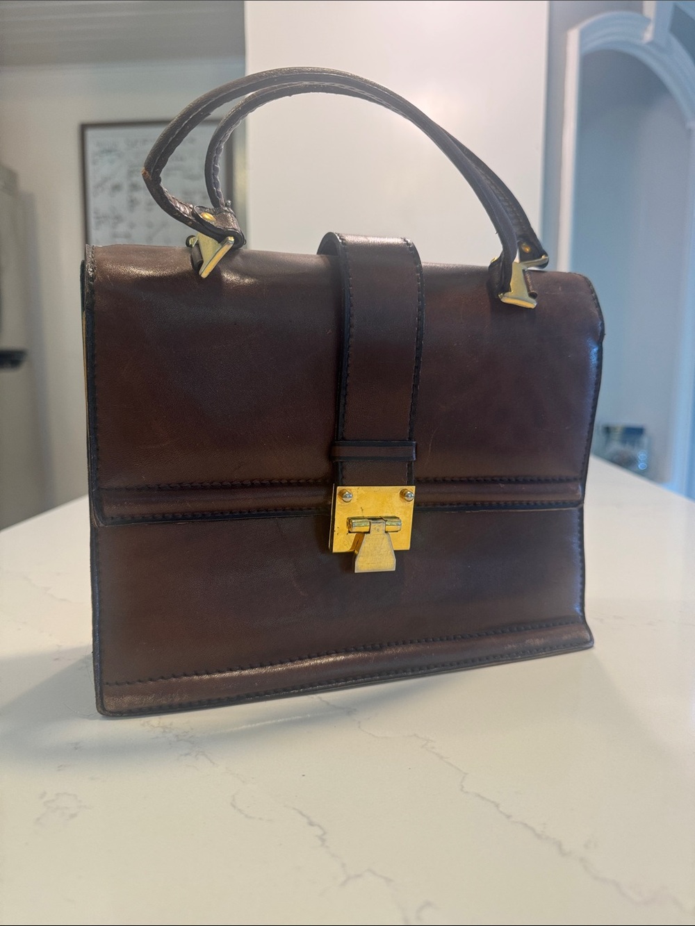 Vintage Brown Leather Mini Top-Handle Bag with Gold Hardware